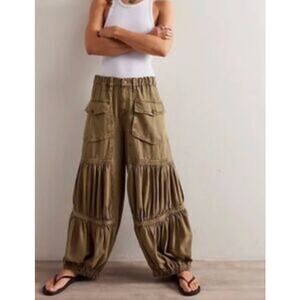 Free People Olive Green Wide Leg Tiered Cargo Pants